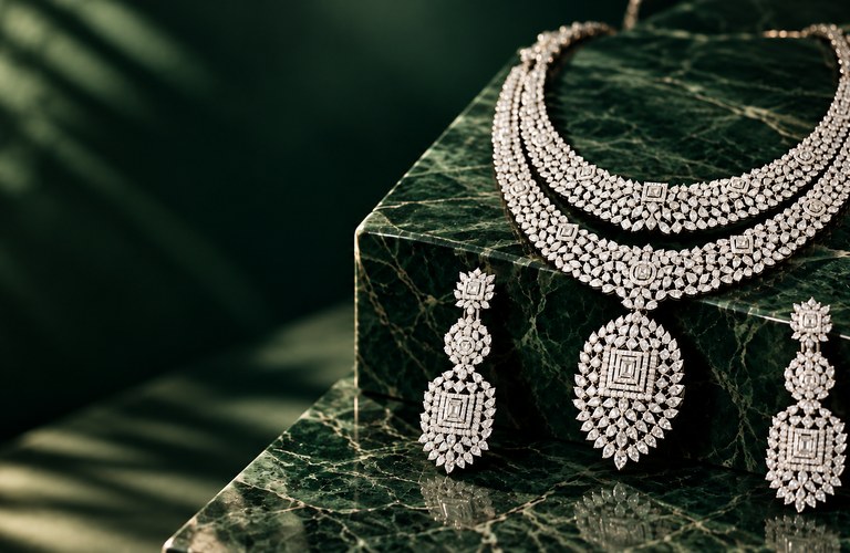 Diamond statement necklaces and matching drop earrings displayed on dark green marble