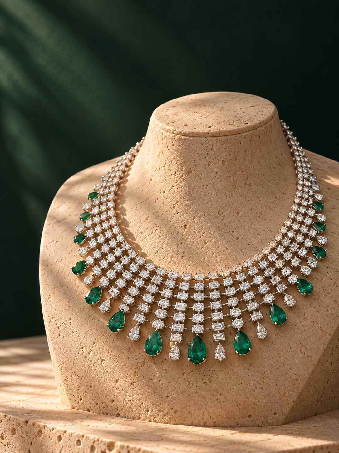 Emerald and diamond necklace displayed on a bust
