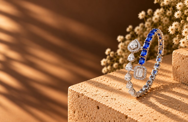 Diamond and sapphire bracelet arranged on warm stone in sunlight