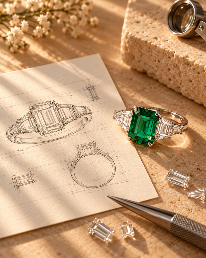 Jewellery design sketch and loose diamonds on a jeweller's workbench