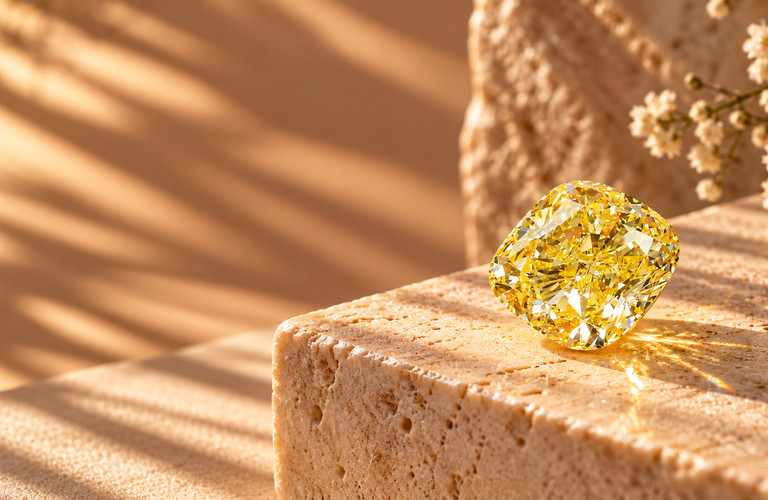 Fancy yellow cushion-cut solitaire diamond displayed on warm stone