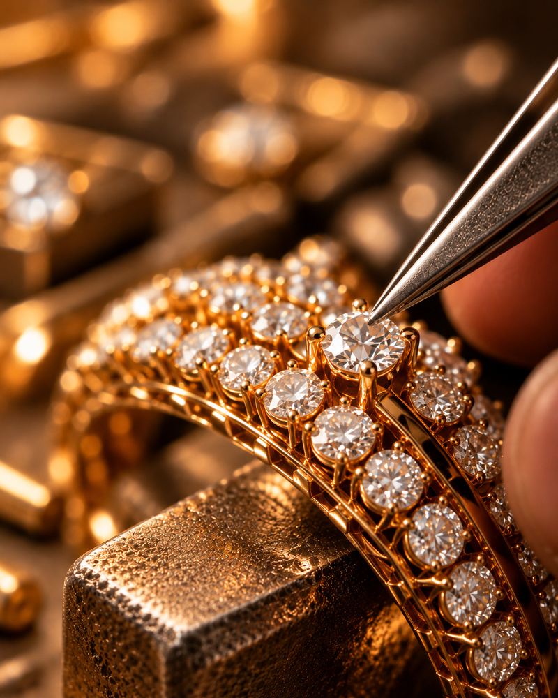 Jeweller setting a natural diamond into a gold bracelet by hand