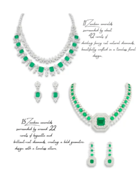 Two Arihantas emerald and natural diamond necklace and earring designs