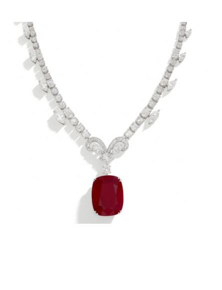 Arihantas diamond necklace with a red gemstone pendant